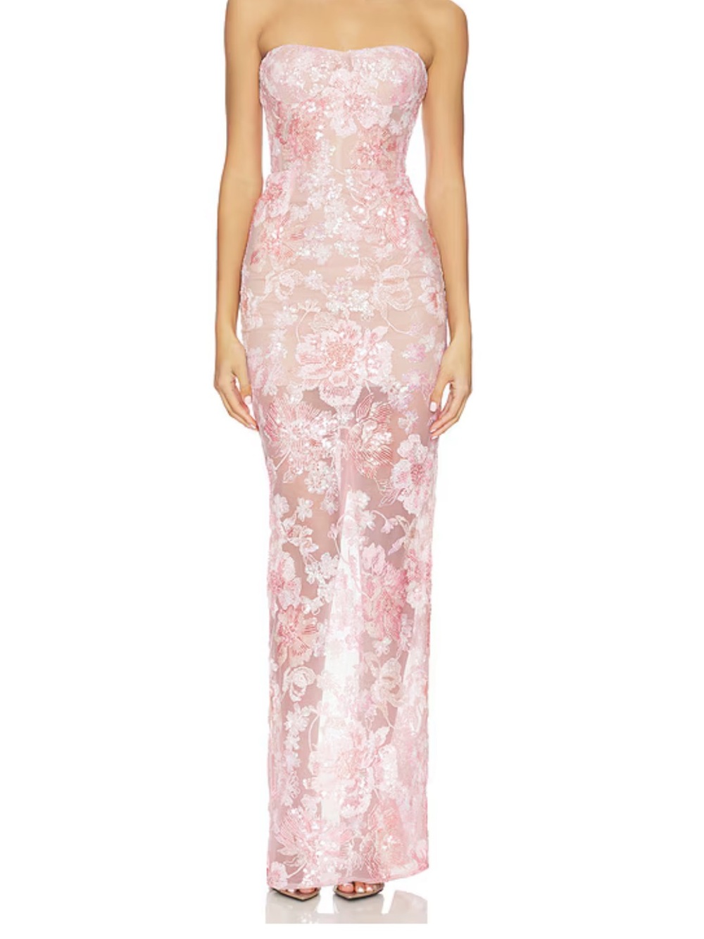 Bronx and Banco Strapless Pink Floral Lace Evening Gown